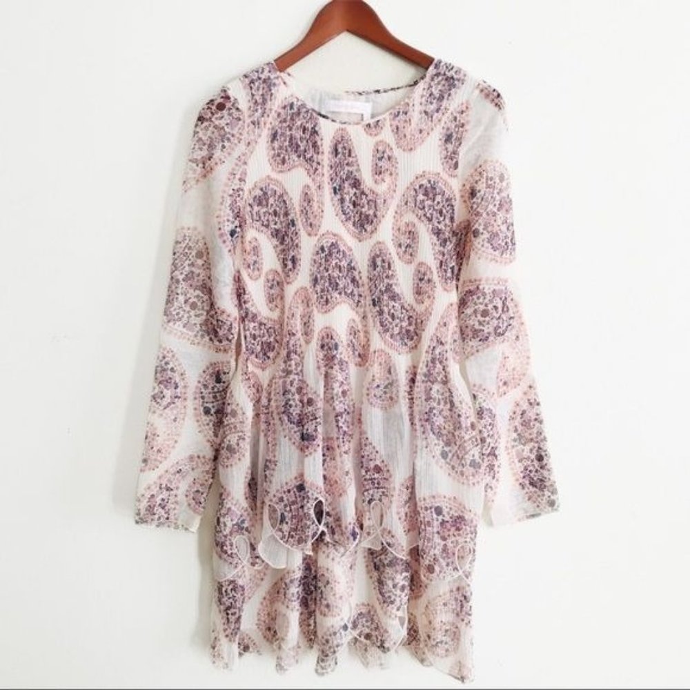 See by Chloe Boho Paisley Mini Dress 6 Tiered Eyelet Scalloped Long Sleeve Flowy